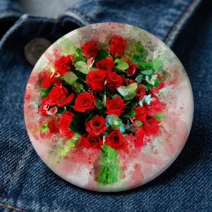 Boeket Rode Rozen Aquarel op Witte Achtergrond Ronde Button 6,0 Cm