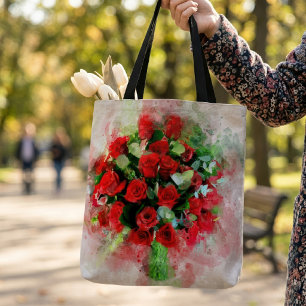 Boeket Rode Rozen Aquarel op Witte Achtergrond Tote Bag