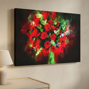 Boeket Rode Rozen Aquarel op Zwarte Achtergrond Canvas Afdruk