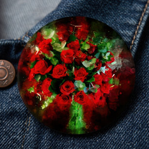 Boeket Rode Rozen Aquarel op Zwarte Achtergrond Ronde Button 6,0 Cm