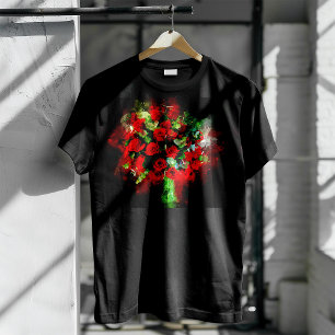 Boeket Rode Rozen Aquarel op Zwarte Achtergrond T-shirt