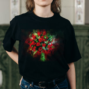 Boeket Rode Rozen Aquarel op Zwarte Achtergrond T-shirt