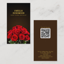 Boeket rode rozen op Classy donkerbruine QR-code Visitekaartje