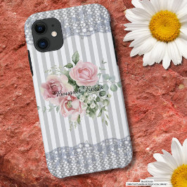 Boeket rozen Elegant stoffig blauw strepen kant sc Case-Mate iPhone Case