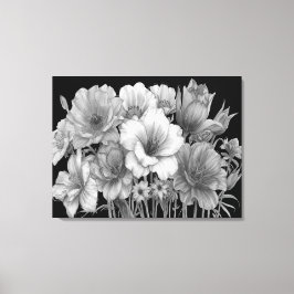 Boeket van bloeiende bloemen in Z+W aan een muur Canvas Afdruk