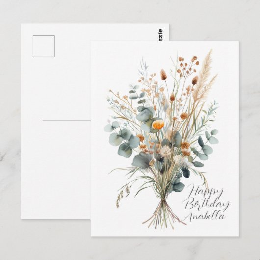 Boeket van bloemen kalligrafie Gelukkige verjaarda Briefkaart (Voorkant / Achterkant)
