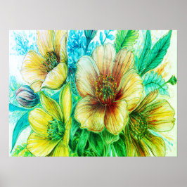 Boeket van groene bloeiende bloemen op een muur poster