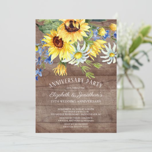 Boeket van landelijke zonnebloemen 25ste verjaarda kaart (Staand voorkant)