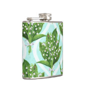 Boeket van lelie van de vallei bloemen op blauw heupfles (Rechts)