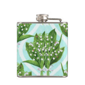 Boeket van lelie van de vallei bloemen op blauw heupfles (Achterkant)