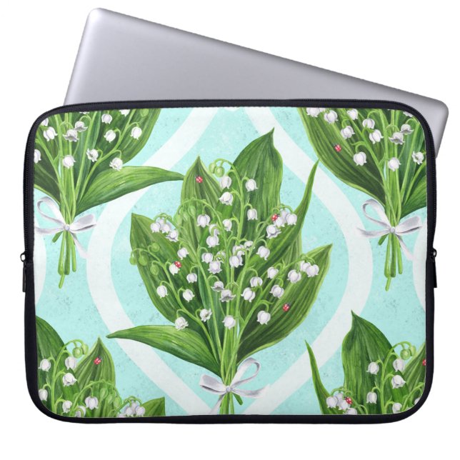 Boeket van lelie van de vallei bloemen op blauw laptop sleeve (Voorkant)