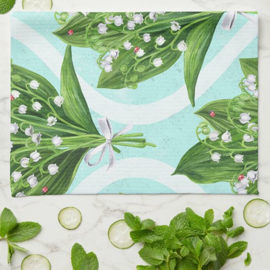 Boeket van lelie van de vallei bloemen op blauw theedoek (Gevouwen)