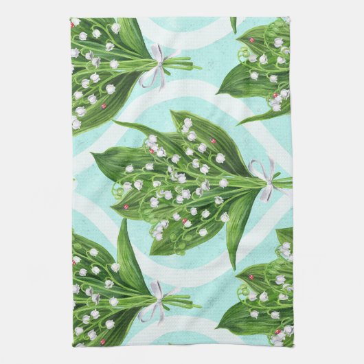 Boeket van lelie van de vallei bloemen op blauw theedoek (Verticaal)