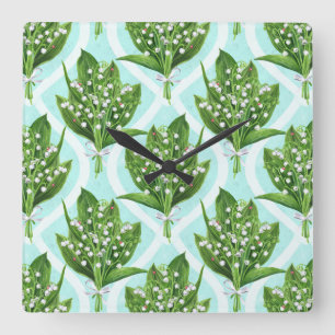 Boeket van lelie van de vallei bloemen op blauw vierkante klok