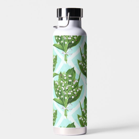 Boeket van lelie van de vallei bloemen op blauw waterfles (Rechts)