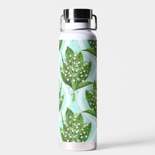 Boeket van lelie van de vallei bloemen op blauw waterfles (Achterkant)