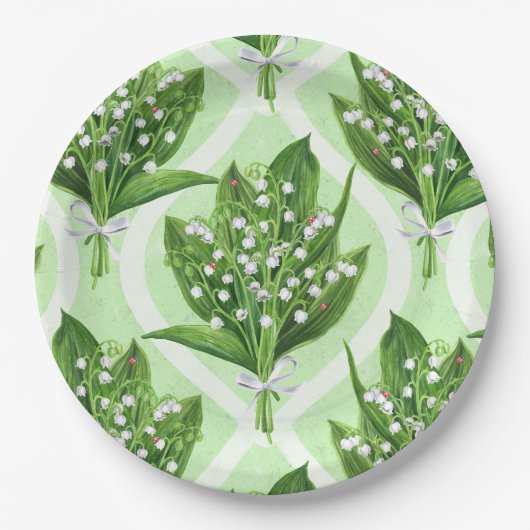 Boeket van lelie van de vallei bloemen op groen papieren bordje (Voorkant)