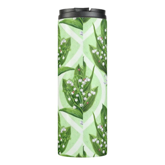 Boeket van lelie van de vallei bloemen op groen thermosbeker (Achterkant)