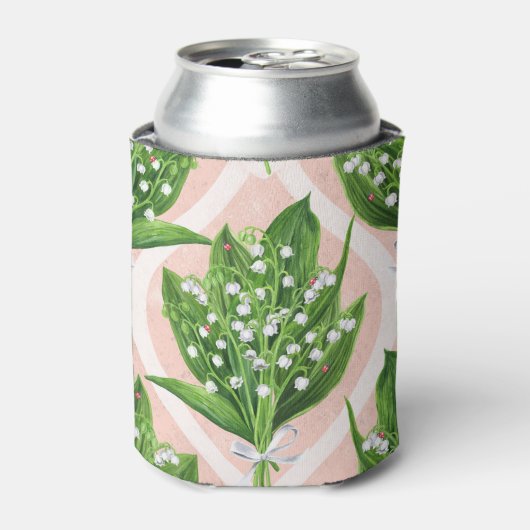 Boeket van lelie van de vallei bloemen op roze blikjeskoeler (Blikje Voorkant)