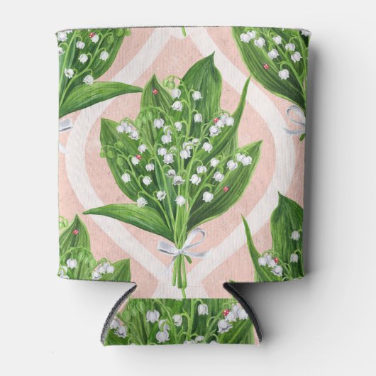 Boeket van lelie van de vallei bloemen op roze blikjeskoeler (Voorkant)