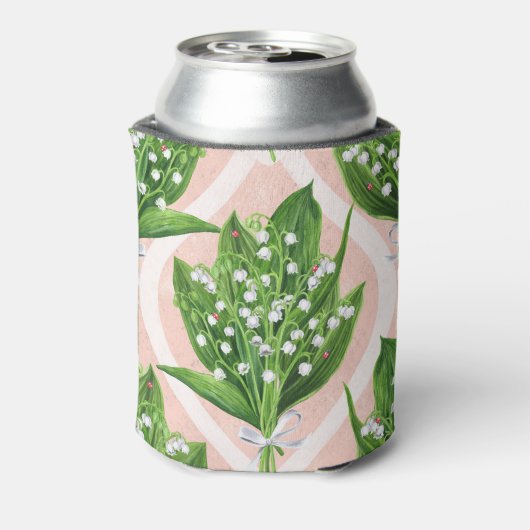 Boeket van lelie van de vallei bloemen op roze blikjeskoeler (Blikje Achterkant)