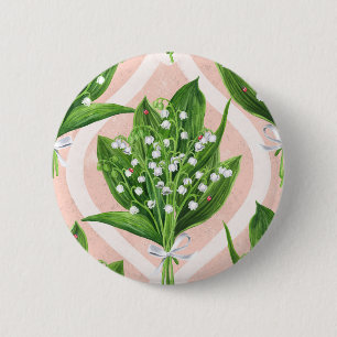 Boeket van lelie van de vallei bloemen op roze ronde button 5,7 cm