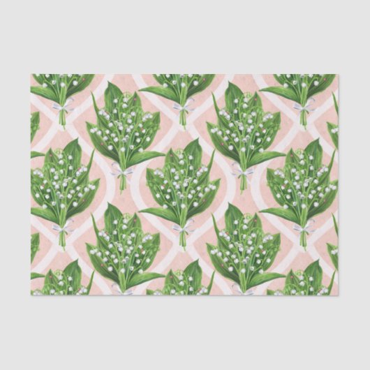 Boeket van lelie van de vallei bloemen op roze tissuepapier (Voorkant)