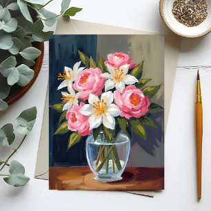 Boeket van lelies en rozen   Bloemvaas met waterve Briefkaart