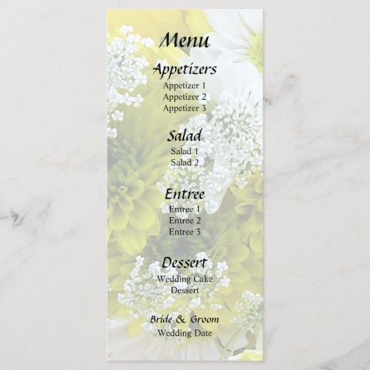 Boeket van Madeliefjes, Chrysanten en Flessenborst Menu (Voorkant)