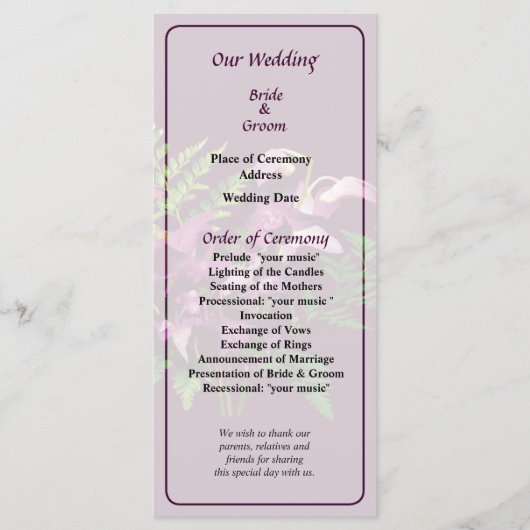 Boeket van Paarse Orchideeën en Fern Wedding Progr Programmakaart (Voorkant)
