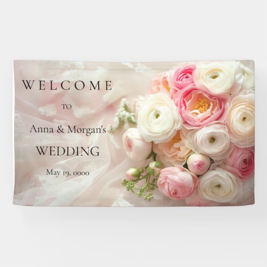 Boeket van roze en witte ranunculus close-up spandoek (Horizontaal)
