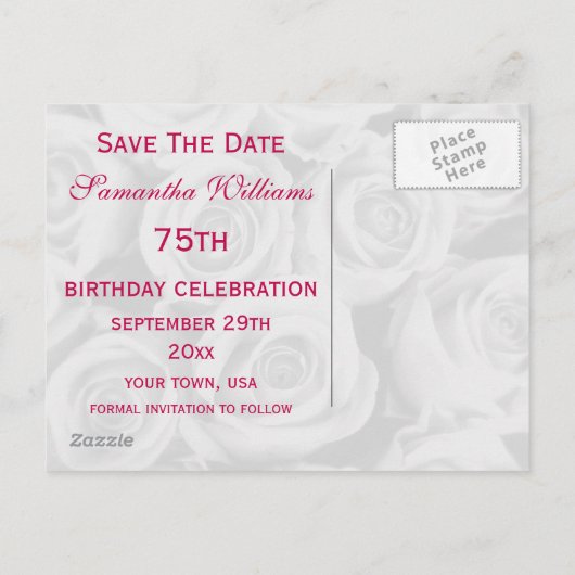 Boeket van Roze Rozen 75e verjaardag Save the date Aankondigingskaart (Achterkant)