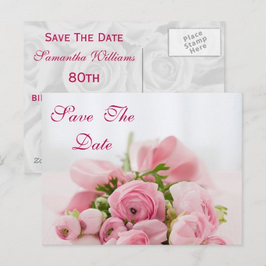 Boeket van roze rozen 80e verjaardag Save the date Aankondigingskaart (Voorkant / Achterkant)