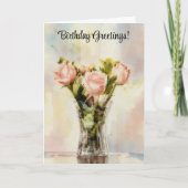 Boeket van Roze Rozen in een Vaas Verjaardag Kaart (Voorkant)