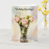 Boeket van Roze Rozen in een Vaas Verjaardag Kaart (Gele Bloem)