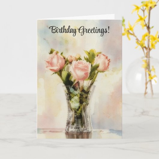 Boeket van Roze Rozen in een Vaas Verjaardag Kaart (Gele Bloem)