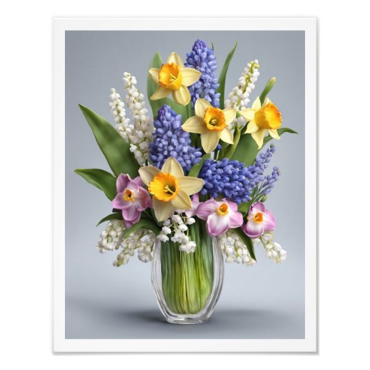Boeket van Spring Daffodils Hyacinths Glazen Vaas Foto Afdruk (Voorkant)