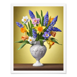 Boeket van Spring Daffodils Hyacinths Houten Tafel Foto Afdruk