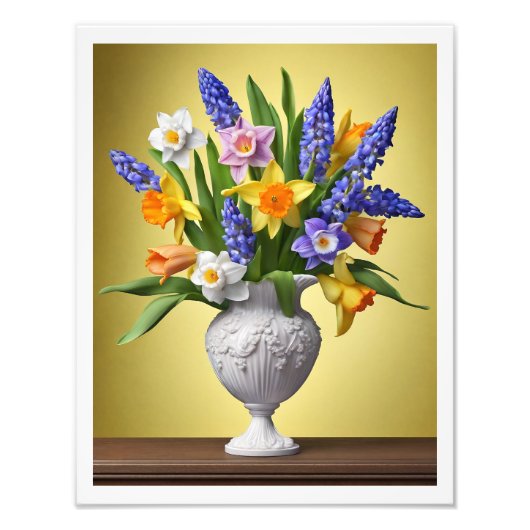 Boeket van Spring Daffodils Hyacinths Houten Tafel Foto Afdruk (Voorkant)