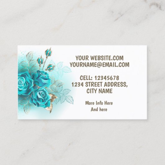 Boeket van turquoise rozen visitekaartje (Achterkant)
