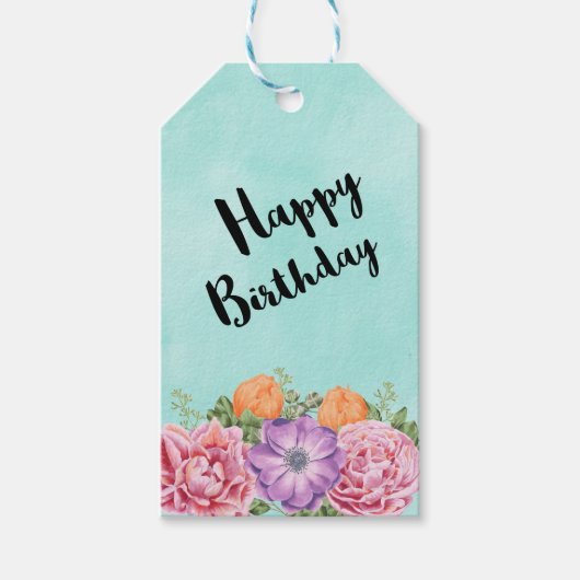 Boeket van Waterverf Flowers Happy Birthday Cadeaulabel (Voorkant)