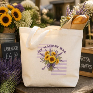 Boeket van waterverf zonnebloemen en lavendel in l grote tote bag