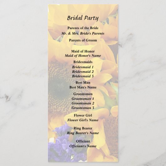 Boeket van zonnebloemen en paarse statice-programm programmakaart (Achterkant)