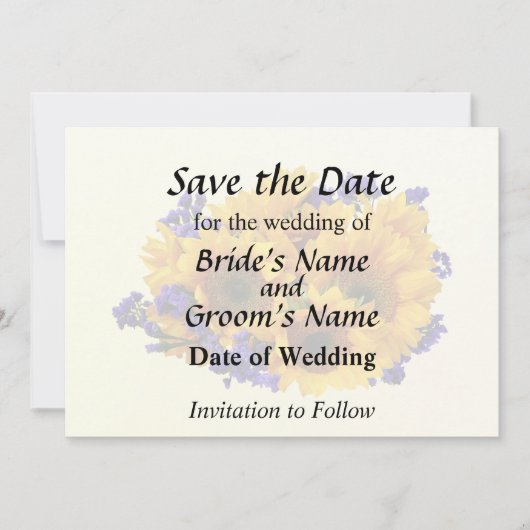 Boeket van zonnebloemen en paarse statice save the date (Voorkant)