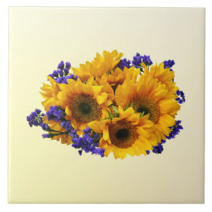 Boeket van zonnebloemen en paarse statice tegeltje