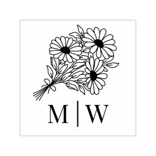 Boeket Wilde Bloemen #2L Trouwkoppel Initialen Dat Zelfinktende Stempel