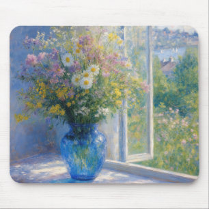 Boeket wilde bloemen in blauwe vaas muismat