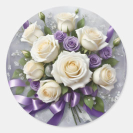 Boeket witte en lila rozen, lila linten ronde sticker