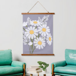 Boeket witte madeliefjes op lavendel hangend wandkleed