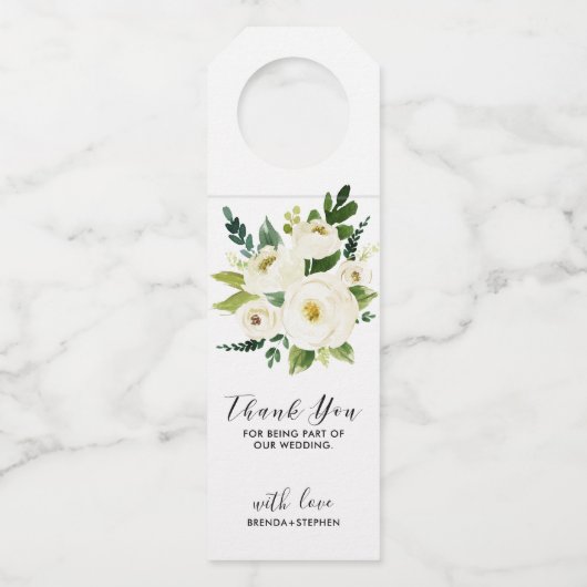 Boeket witte rozen - typografie bedankt flessenhanger (Achterkant)